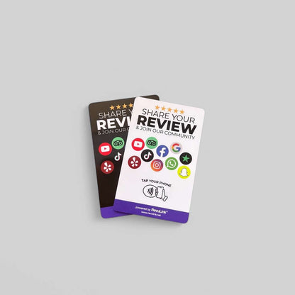 RevuLink cards promoting contactless reviews and social media engagement. Tap your phone to share feedback.