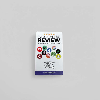 RevuLink Card for NFC review tool; tap to review and boost Google reviews effortlessly.